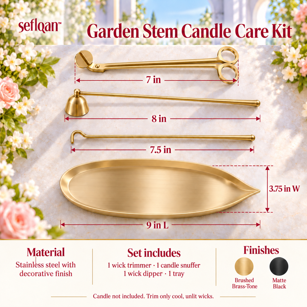 seflqan™ Garden Stem Candle Care Kit — 4-Piece Wick Trimmer, Candle Snuffer, Wick Dipper & Storage Tray Set