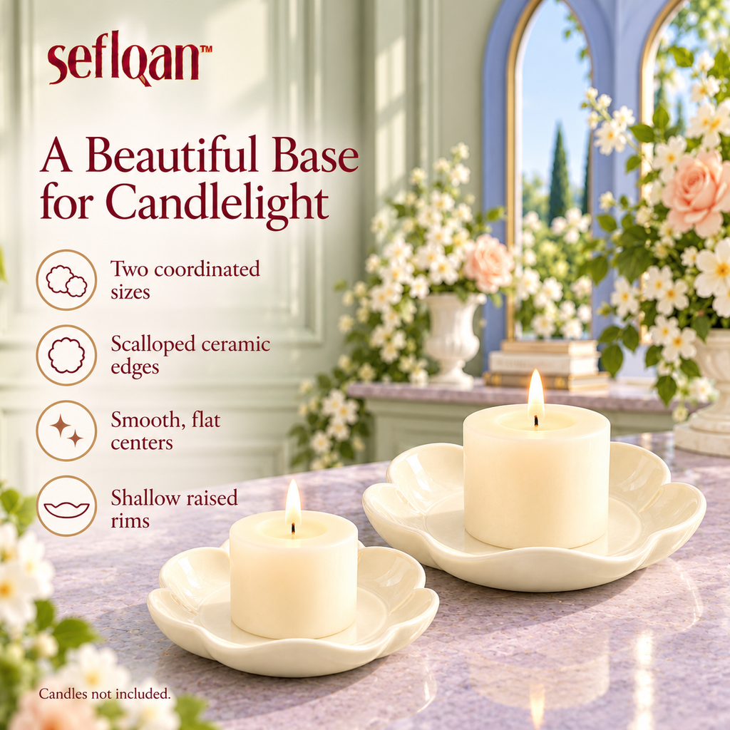 seflqan™ Petal Base Candle Holder Plates — Set of 2 Scalloped Ceramic Pillar Candle Dishes