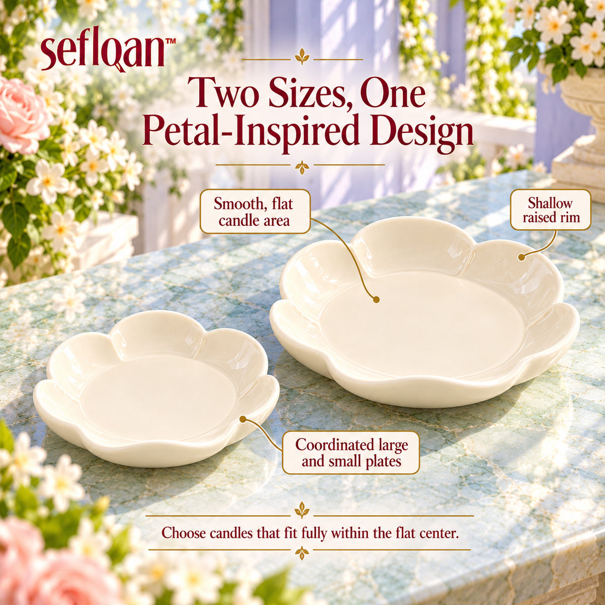 seflqan™ Petal Base Candle Holder Plates — Set of 2 Scalloped Ceramic Pillar Candle Dishes