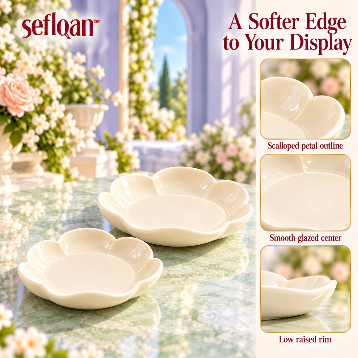 seflqan™ Petal Base Candle Holder Plates — Set of 2 Scalloped Ceramic Pillar Candle Dishes