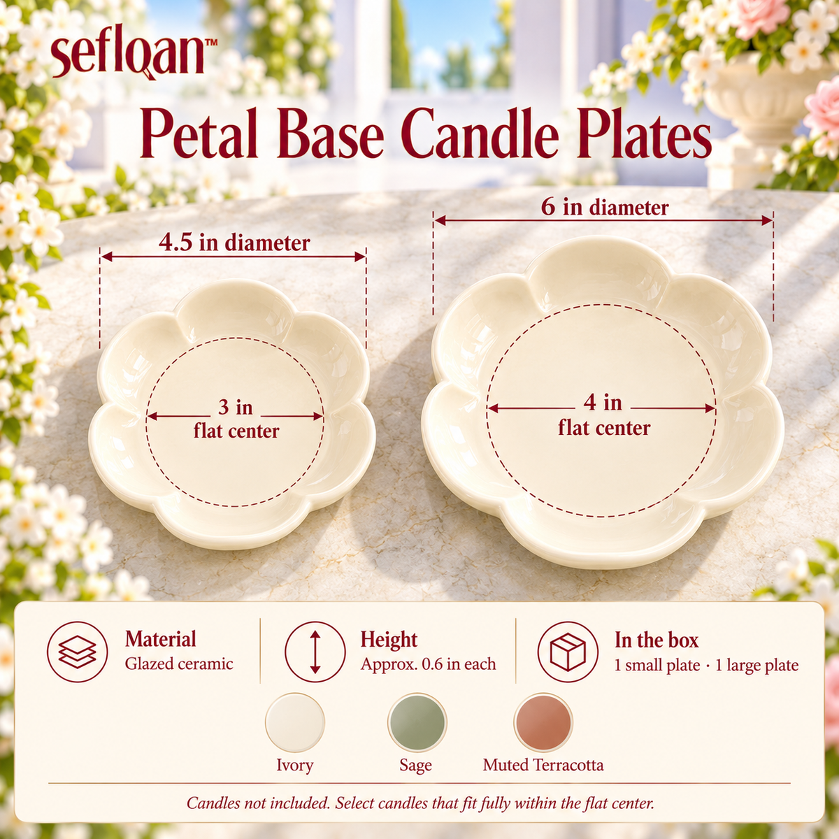 seflqan™ Petal Base Candle Holder Plates — Set of 2 Scalloped Ceramic Pillar Candle Dishes