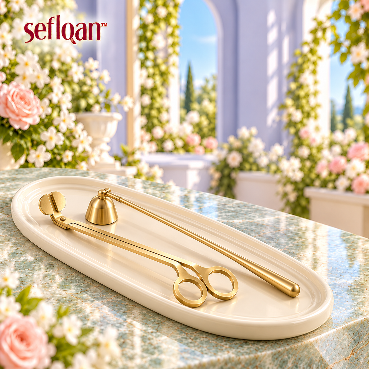 seflqan™ Terrace Oval Candle Display Tray — Ceramic Fragrance Organizer with Wick Trimmer & Snuffer