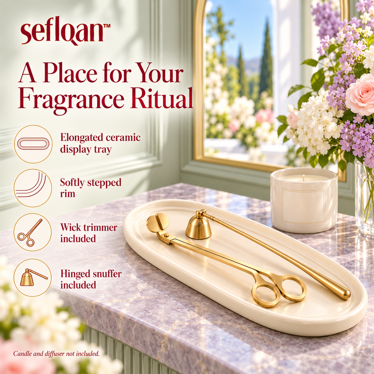 seflqan™ Terrace Oval Candle Display Tray — Ceramic Fragrance Organizer with Wick Trimmer & Snuffer