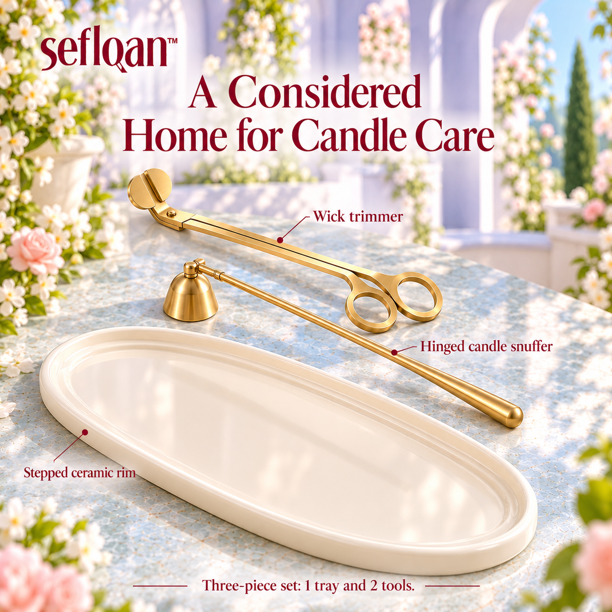 seflqan™ Terrace Oval Candle Display Tray — Ceramic Fragrance Organizer with Wick Trimmer & Snuffer