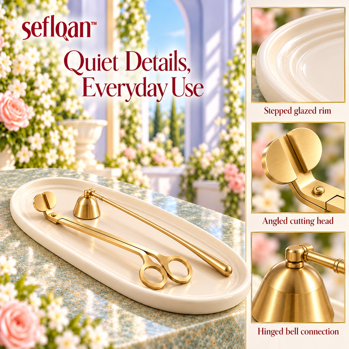 seflqan™ Terrace Oval Candle Display Tray — Ceramic Fragrance Organizer with Wick Trimmer & Snuffer