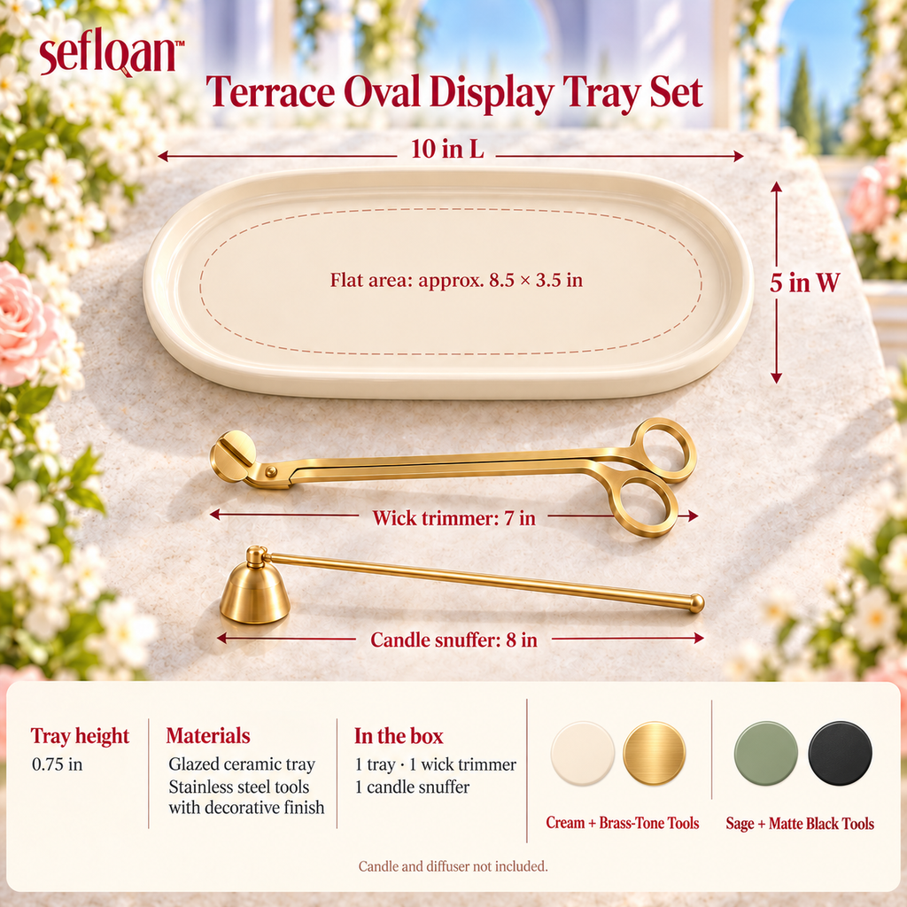 seflqan™ Terrace Oval Candle Display Tray — Ceramic Fragrance Organizer with Wick Trimmer & Snuffer
